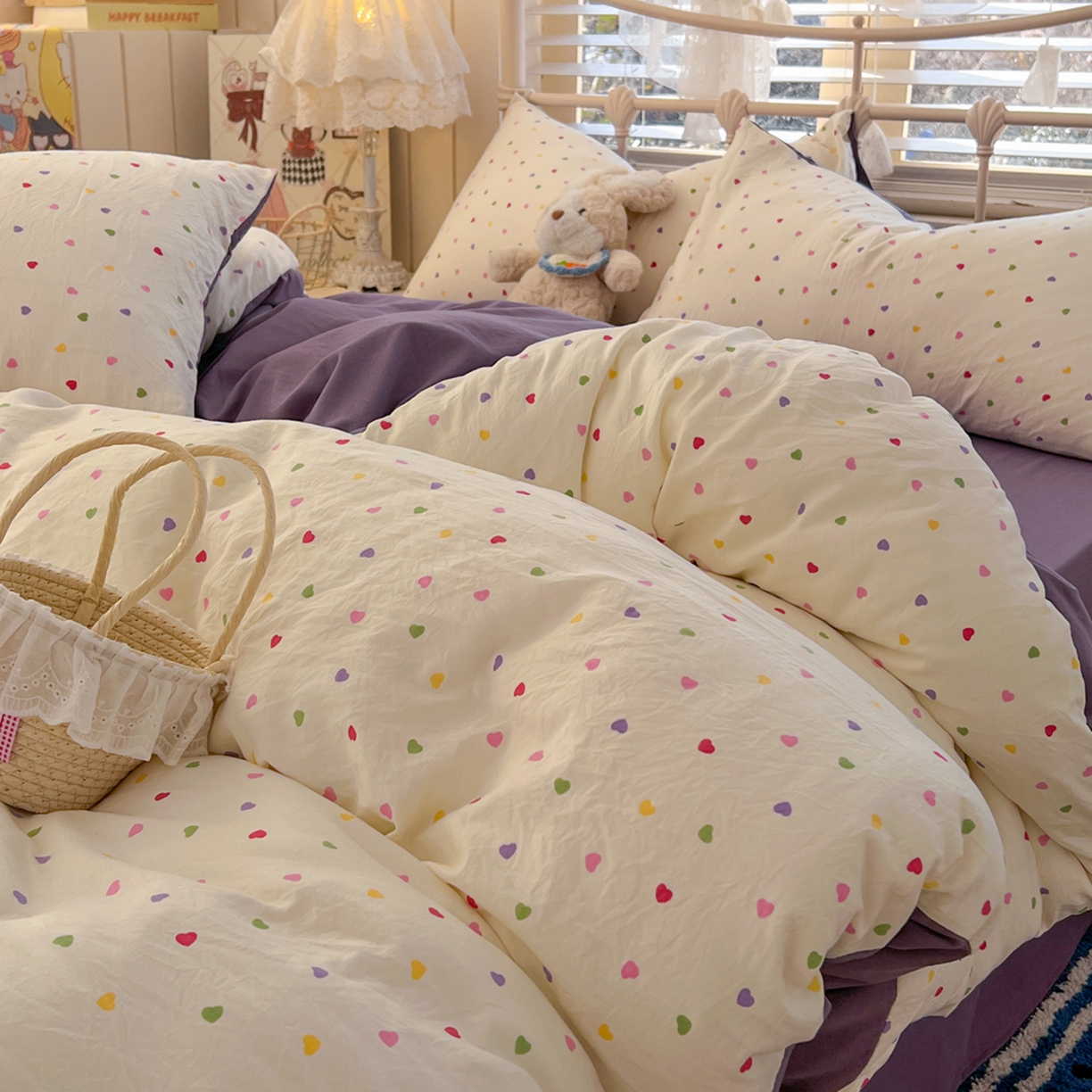 91家纺网 家纺一手货源 找家纺 瑞钰 2026新款A类古法水洗仿棉云感纱四件套 彩色心动