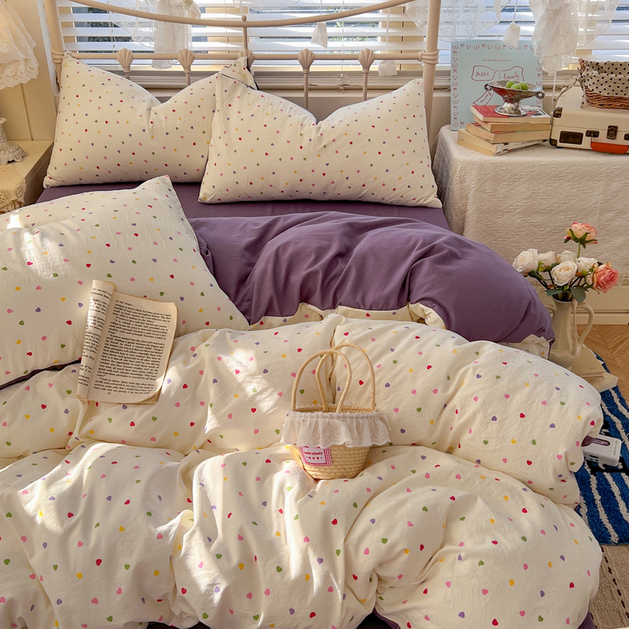 91家纺网 家纺一手货源 找家纺 瑞钰 2026新款A类古法水洗仿棉云感纱四件套 彩色心动