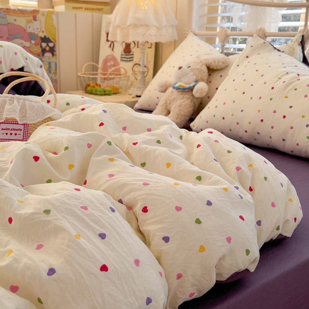 91家纺网 家纺一手货源 找家纺 瑞钰 2026新款A类古法水洗仿棉云感纱四件套 彩色心动