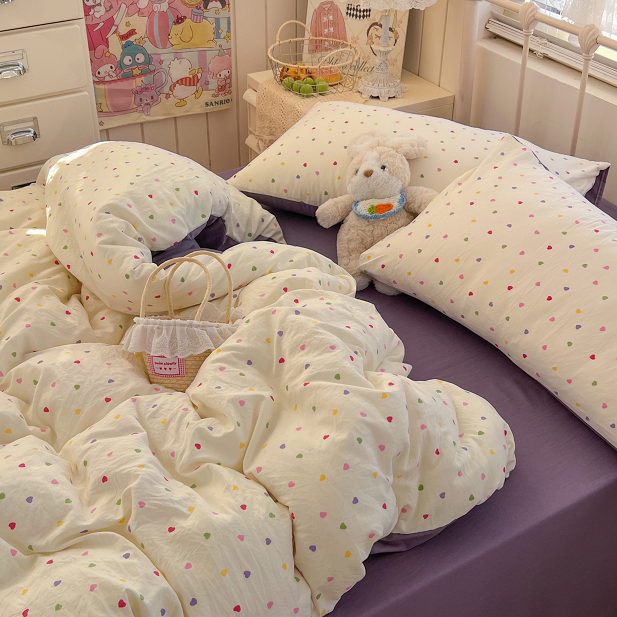 91家纺网 家纺一手货源 找家纺 瑞钰 2026新款A类古法水洗仿棉云感纱四件套 彩色心动