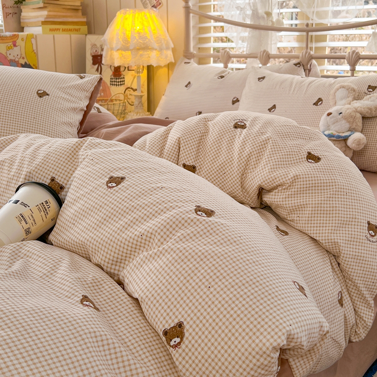 91家纺网 家纺一手货源 找家纺 瑞钰 2026新款A类古法水洗仿棉云感纱四件套 格调熊