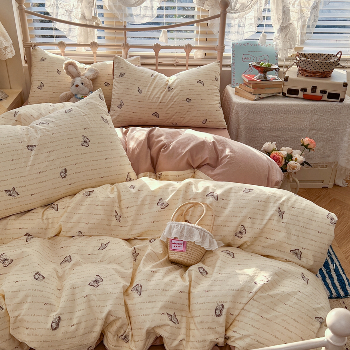 91家纺网 家纺一手货源 找家纺 瑞钰 2026新款A类古法水洗仿棉云感纱四件套 蝴蝶飞