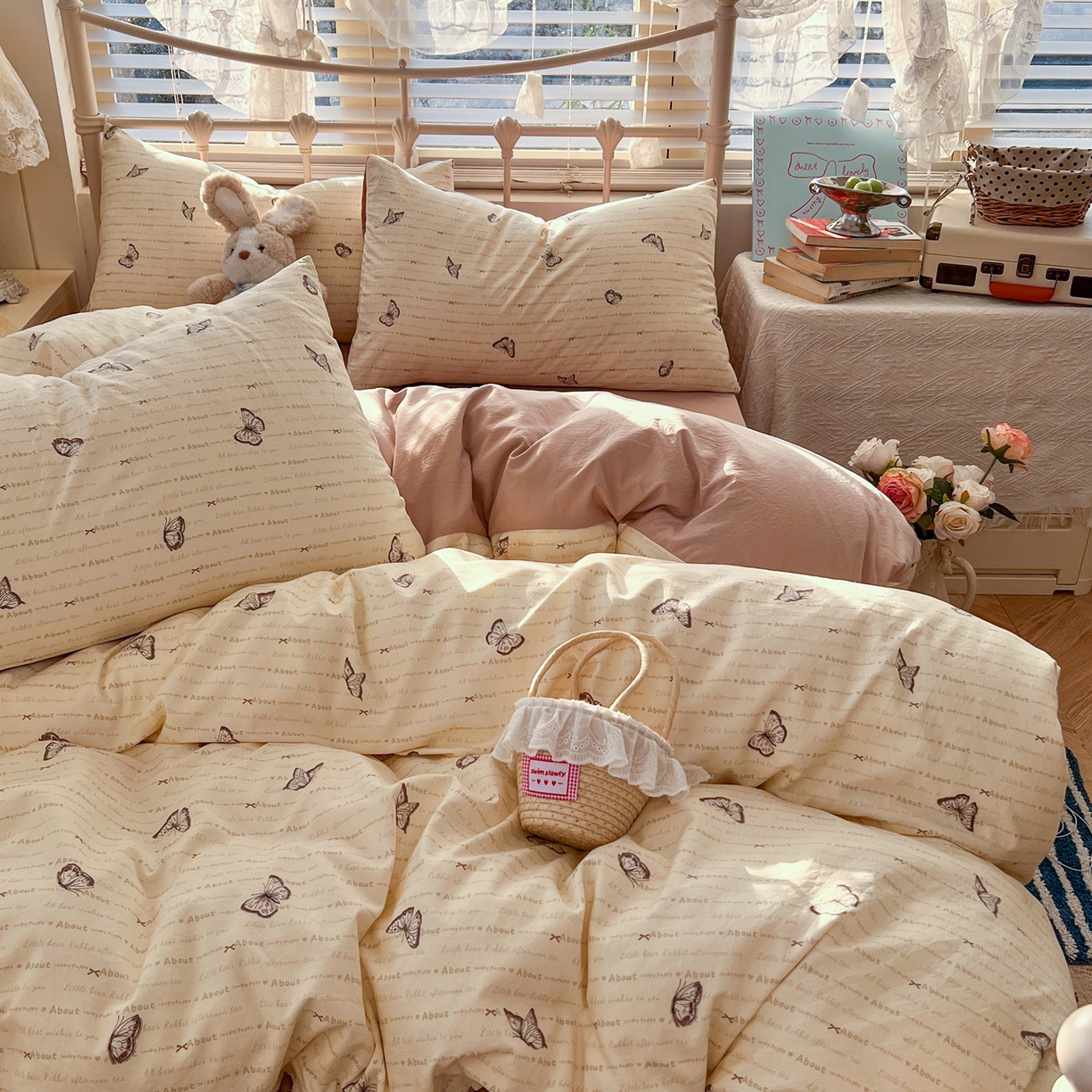 91家纺网 家纺一手货源 找家纺 瑞钰 2026新款A类古法水洗仿棉云感纱四件套 蝴蝶飞