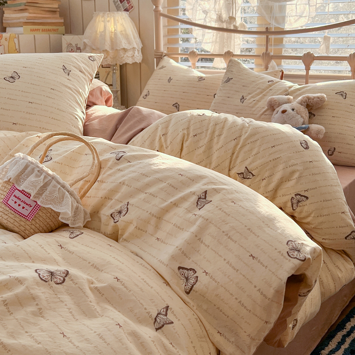 91家纺网 家纺一手货源 找家纺 瑞钰 2026新款A类古法水洗仿棉云感纱四件套 蝴蝶飞