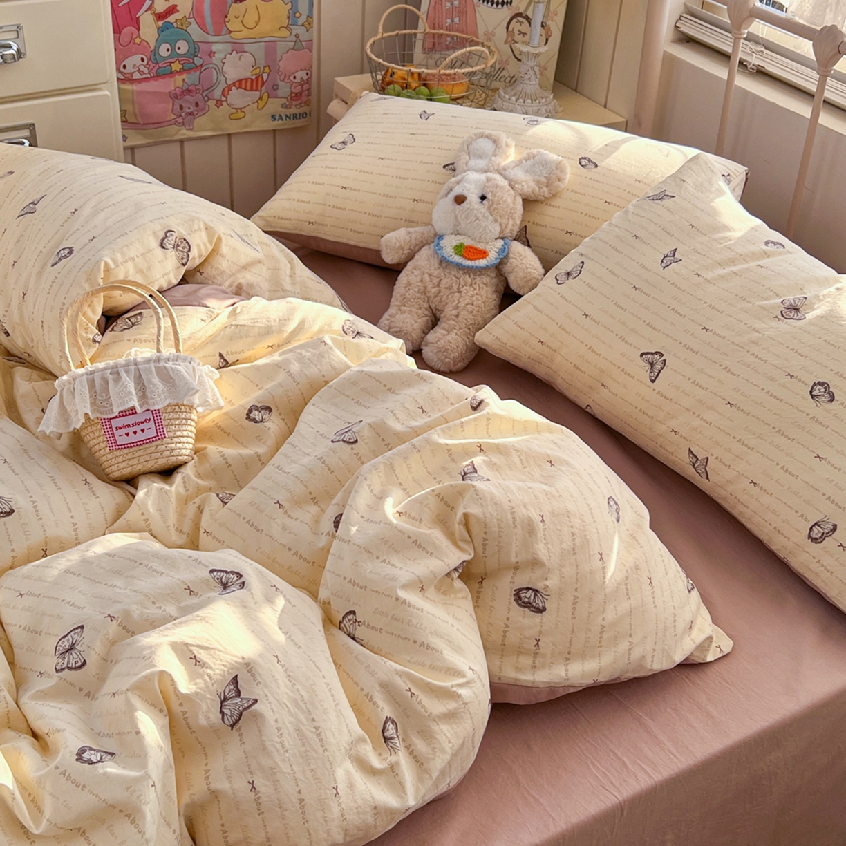 91家纺网 家纺一手货源 找家纺 瑞钰 2026新款A类古法水洗仿棉云感纱四件套 蝴蝶飞