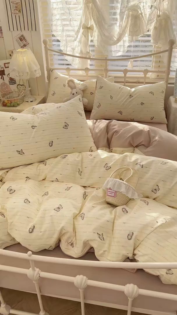 91家纺网 家纺一手货源 找家纺 瑞钰 2026新款A类古法水洗仿棉云感纱四件套 蝴蝶飞