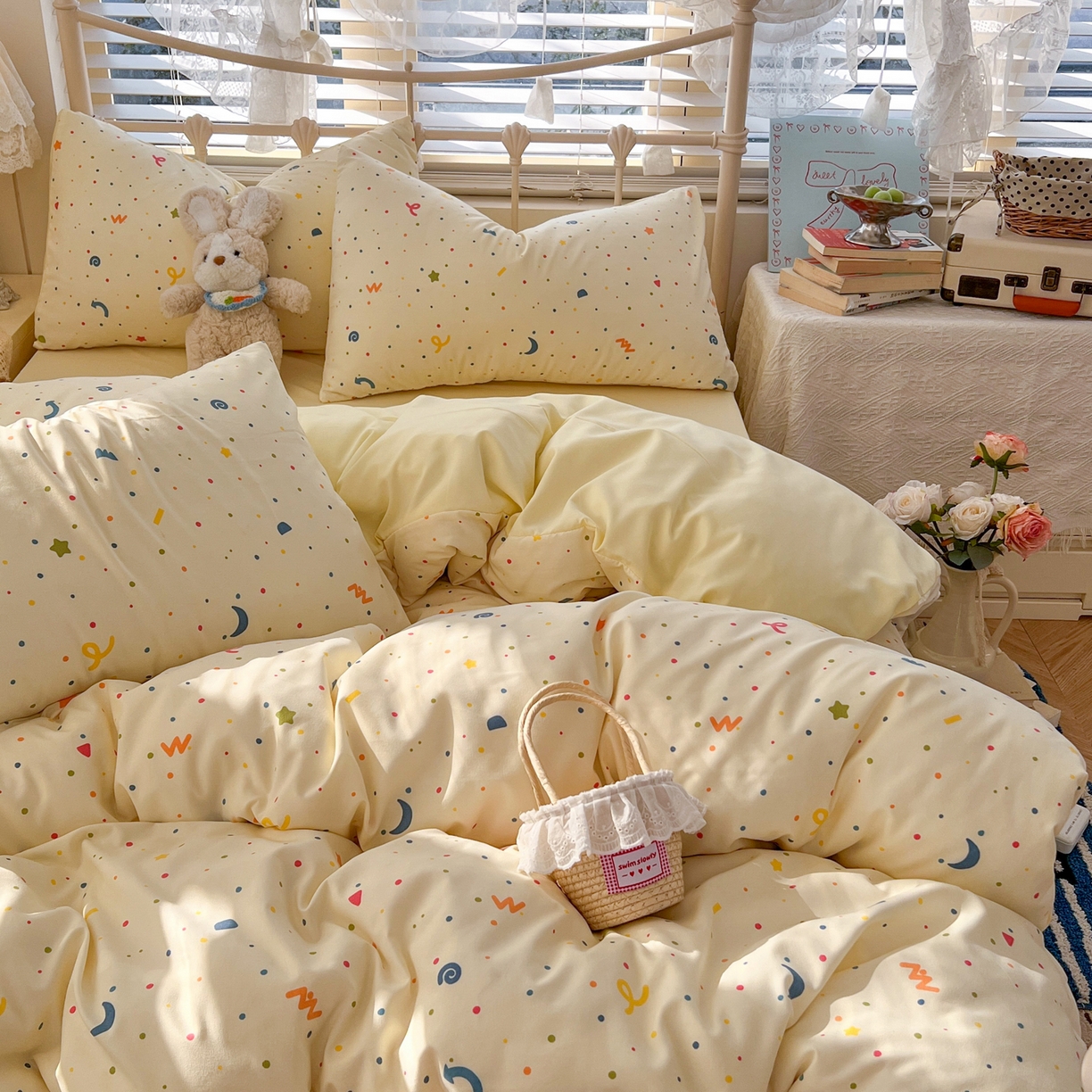 91家纺网 家纺一手货源 找家纺 瑞钰 2026新款A类古法水洗仿棉云感纱四件套 满天星