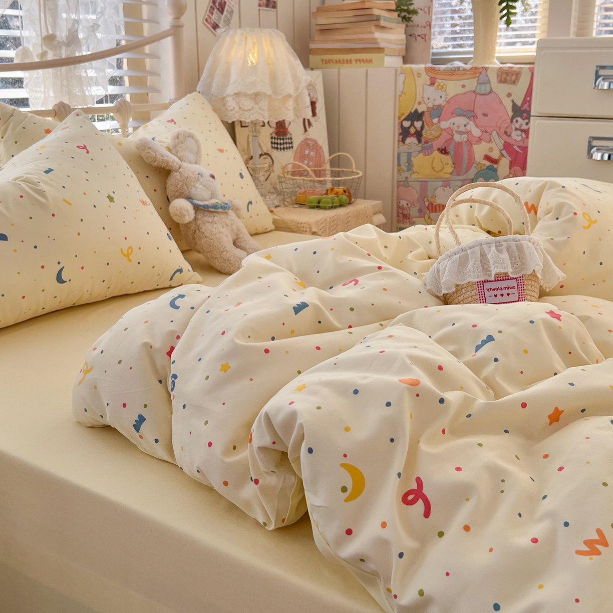 91家纺网 家纺一手货源 找家纺 瑞钰 2026新款A类古法水洗仿棉云感纱四件套 满天星