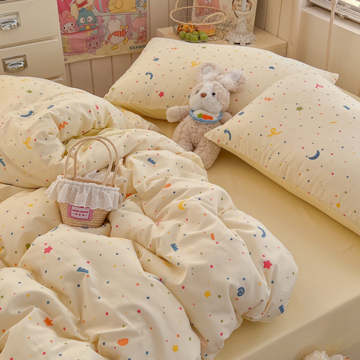 91家纺网 家纺一手货源 找家纺 瑞钰 2026新款A类古法水洗仿棉云感纱四件套 满天星