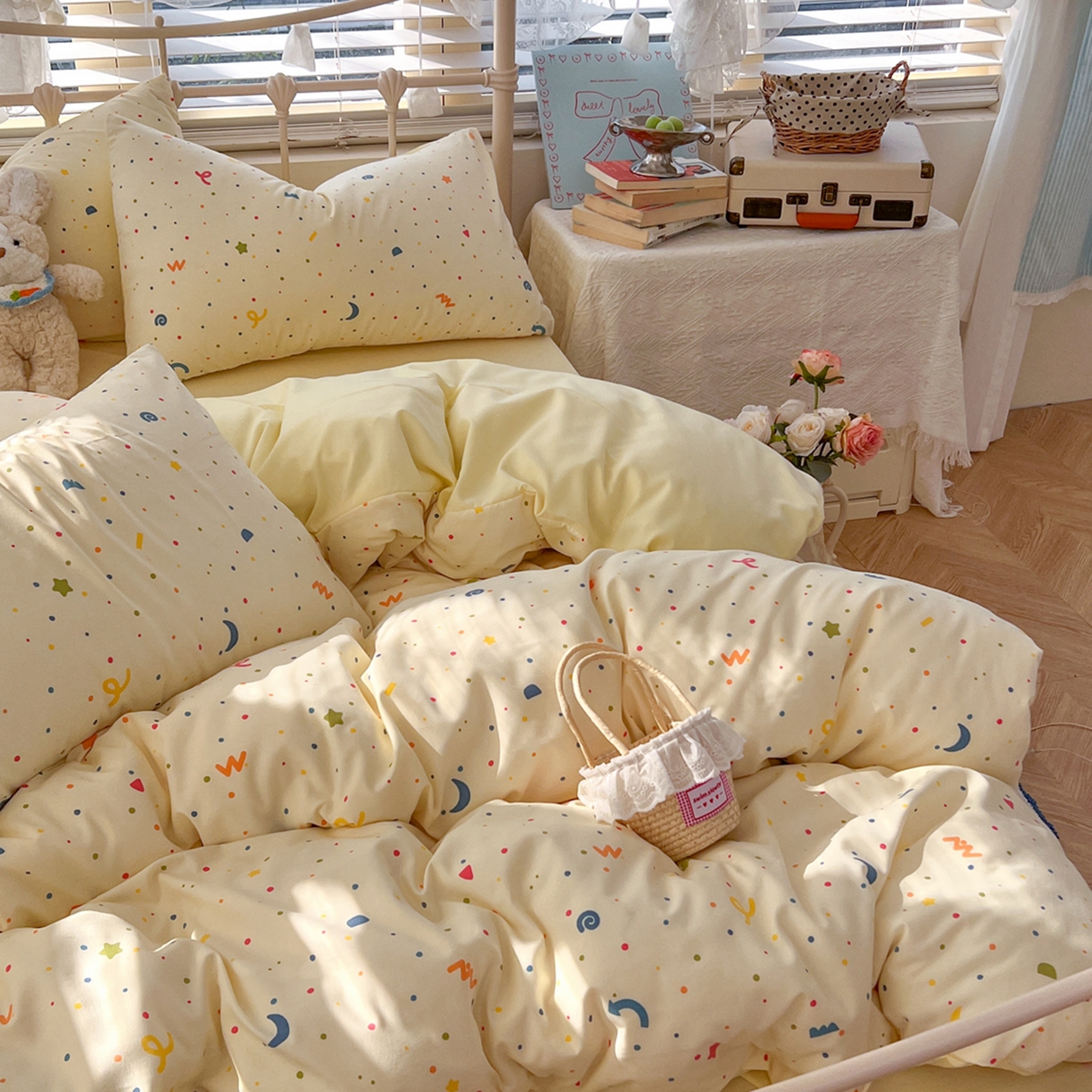 91家纺网 家纺一手货源 找家纺 瑞钰 2026新款A类古法水洗仿棉云感纱四件套 满天星