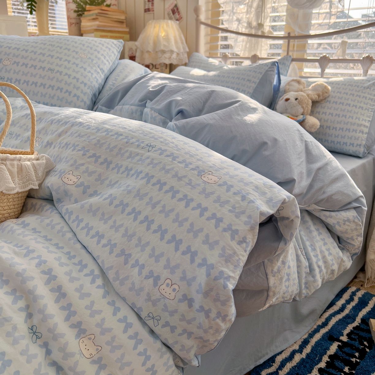 瑞钰 2026新款A类古法水洗仿棉云感纱四件套 浅蓝童话集