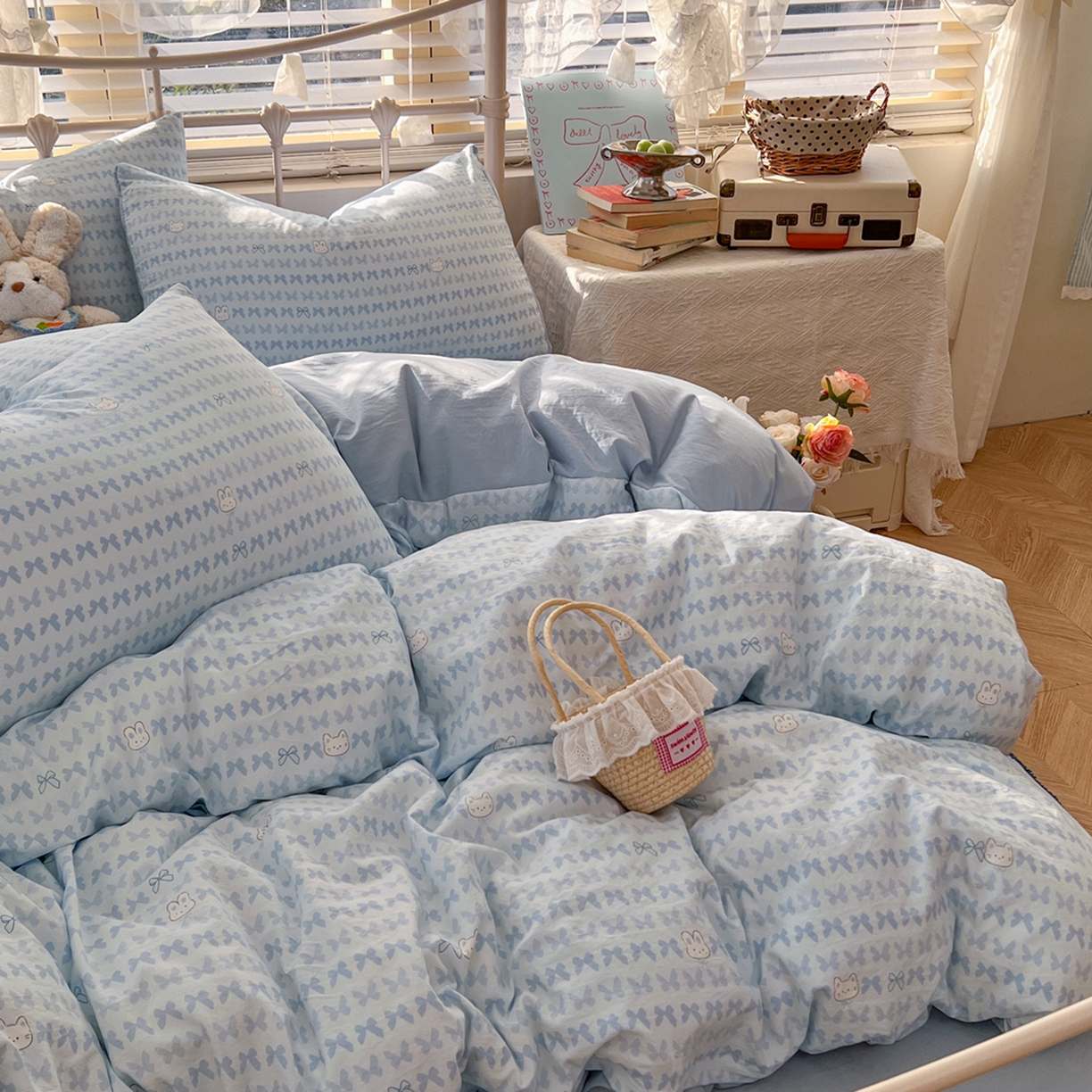 91家纺网 家纺一手货源 找家纺 瑞钰 2026新款A类古法水洗仿棉云感纱四件套 浅蓝童话集