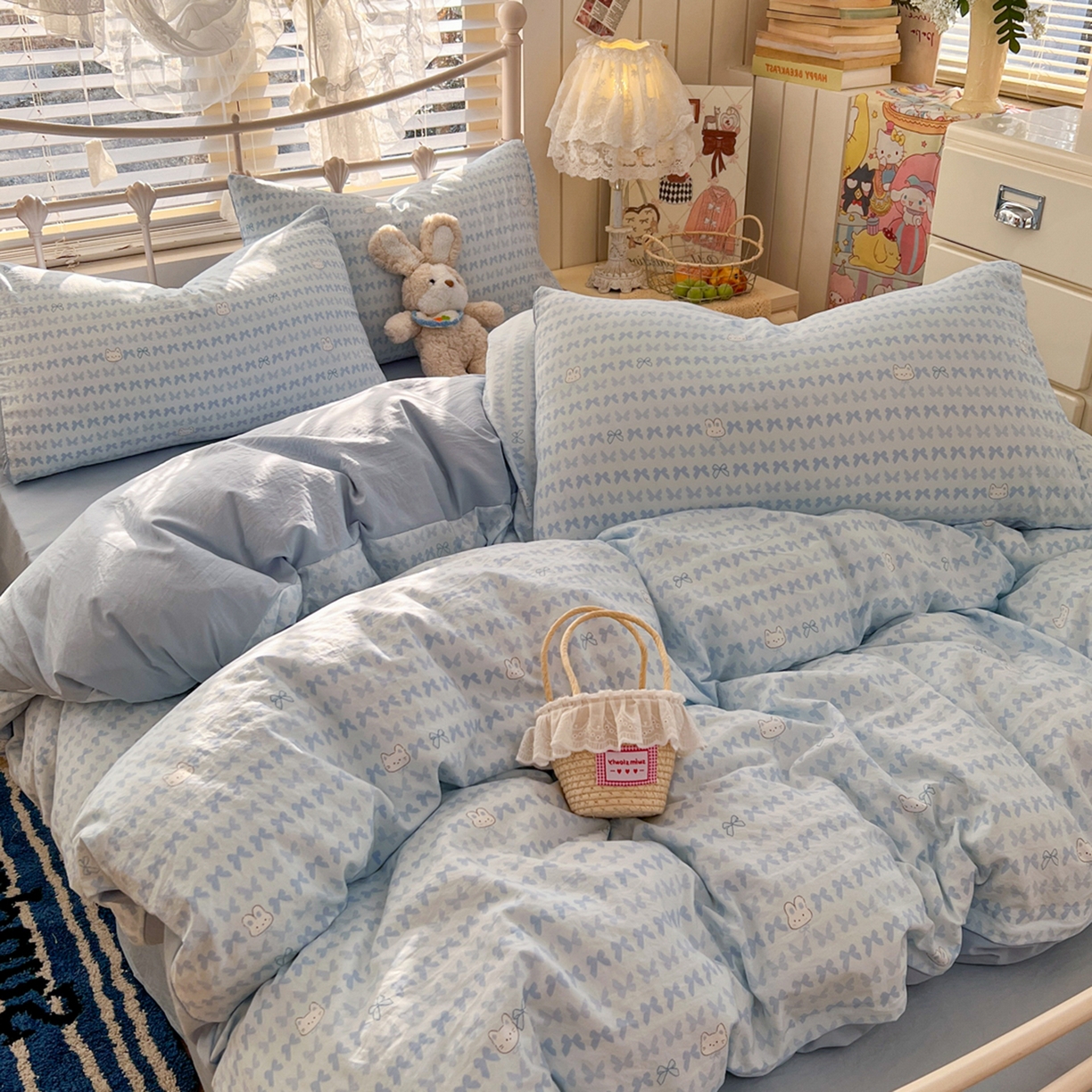 91家纺网 家纺一手货源 找家纺 瑞钰 2026新款A类古法水洗仿棉云感纱四件套 浅蓝童话集