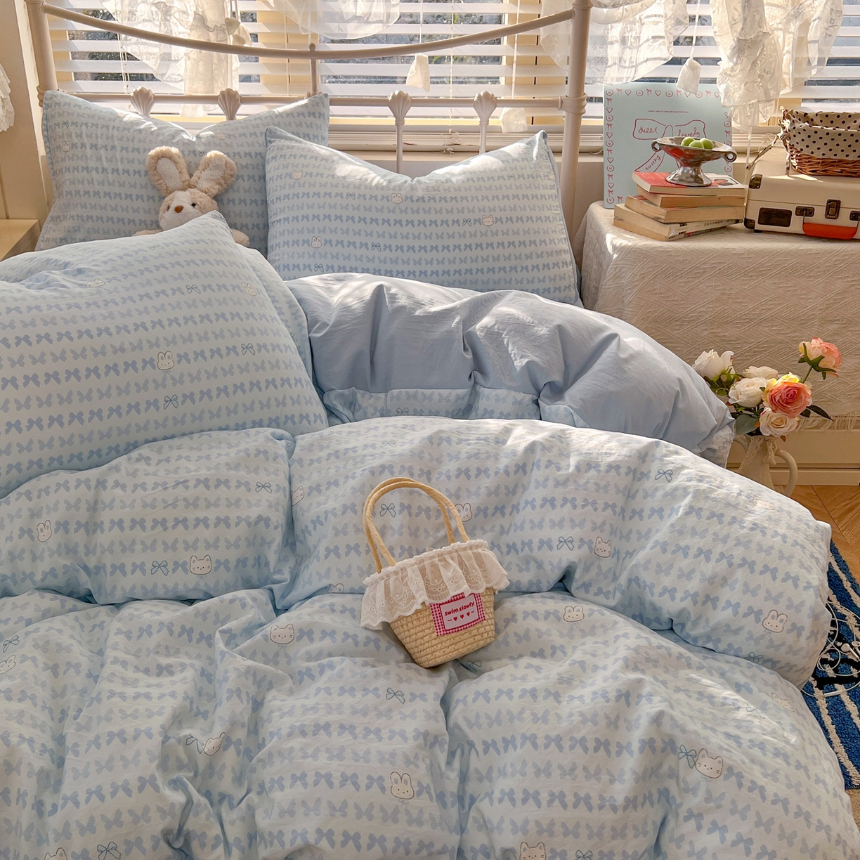 91家纺网 家纺一手货源 找家纺 瑞钰 2026新款A类古法水洗仿棉云感纱四件套 浅蓝童话集