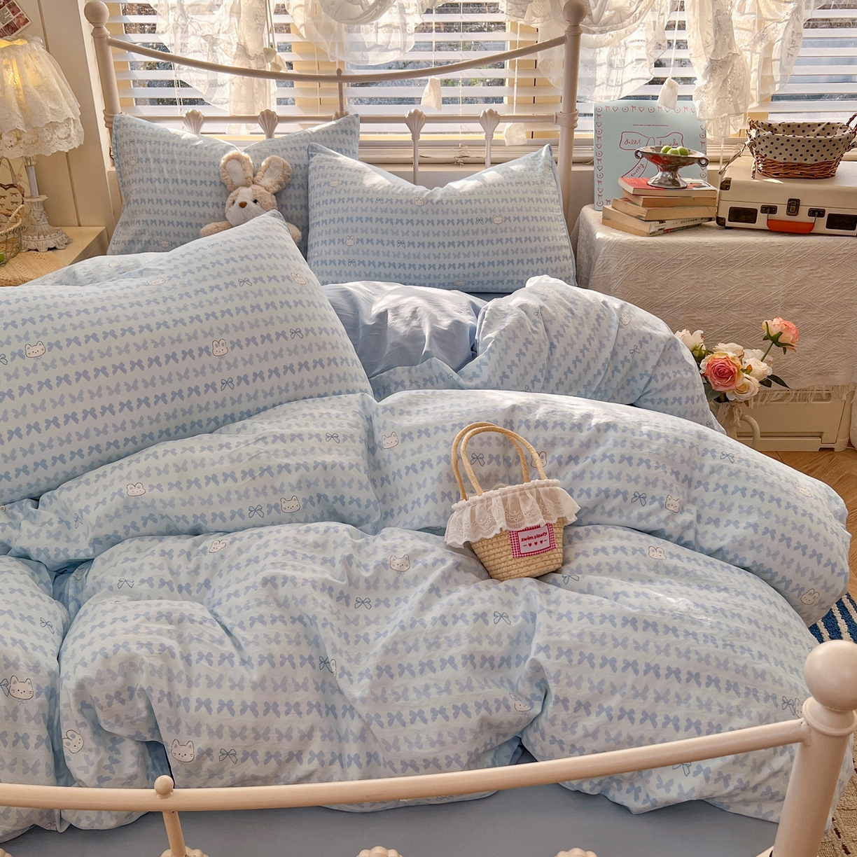 91家纺网 家纺一手货源 找家纺 瑞钰 2026新款A类古法水洗仿棉云感纱四件套 浅蓝童话集