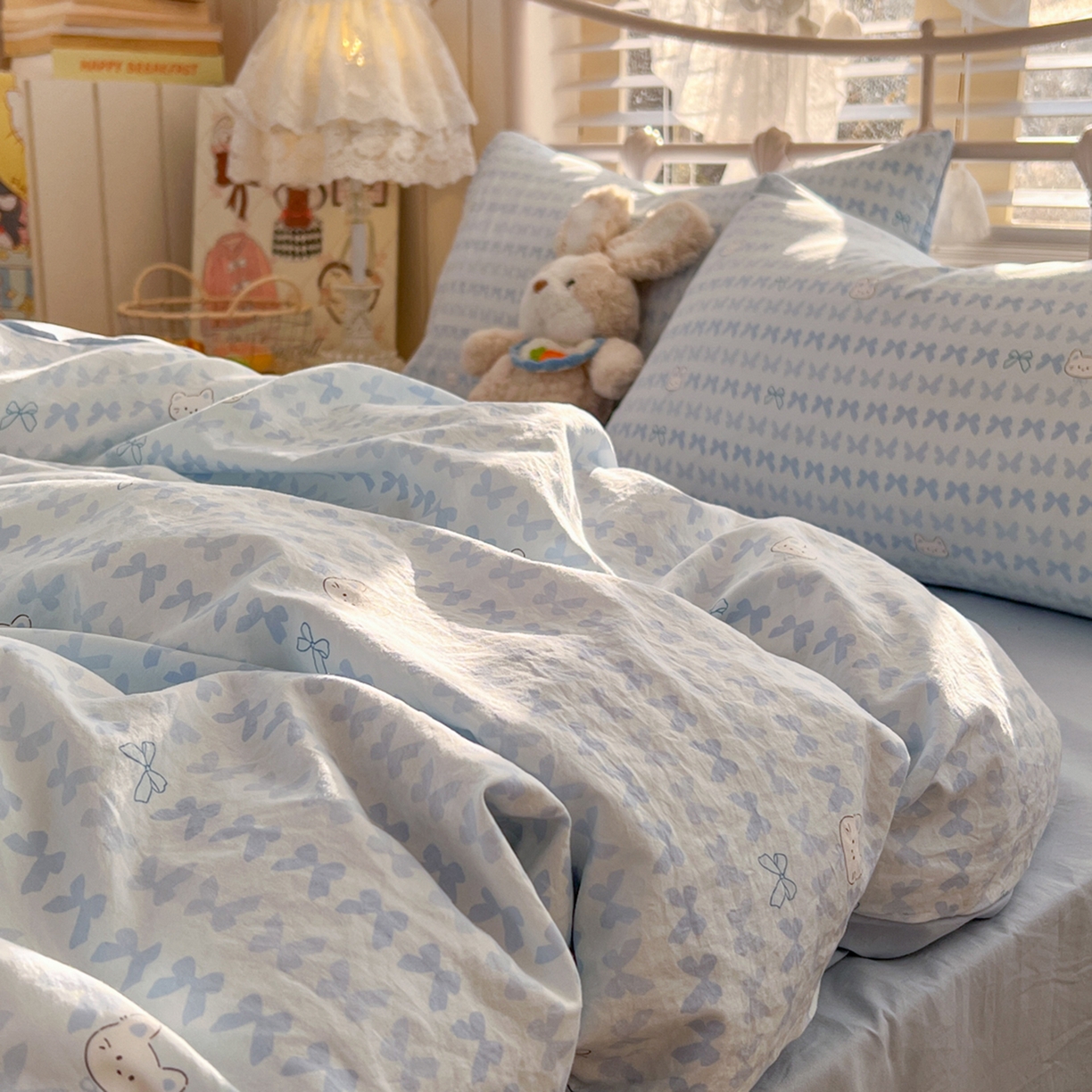 91家纺网 家纺一手货源 找家纺 瑞钰 2026新款A类古法水洗仿棉云感纱四件套 浅蓝童话集