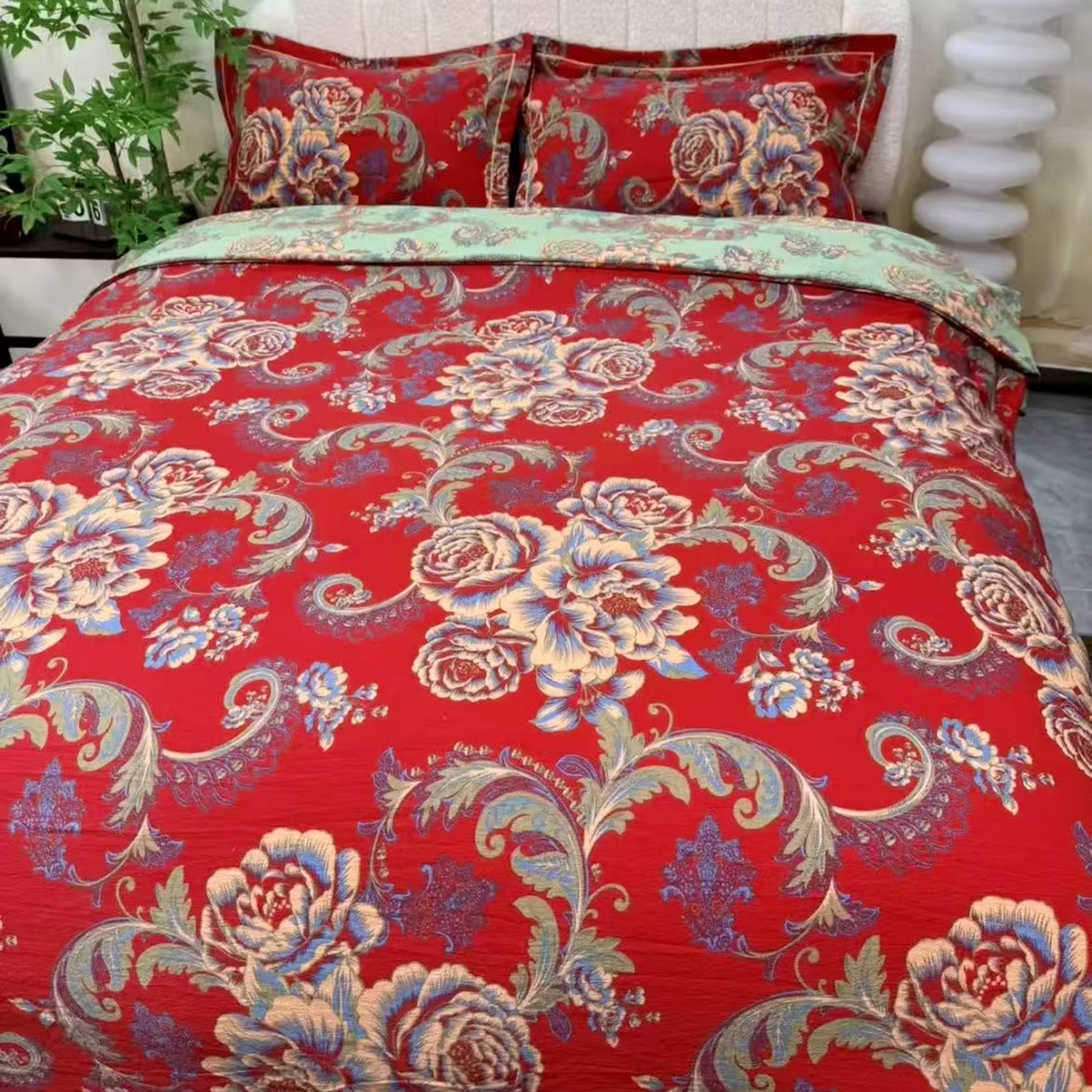 禧多家纺 2025新款年货爆款大红双层纱四件套 盛世牡丹