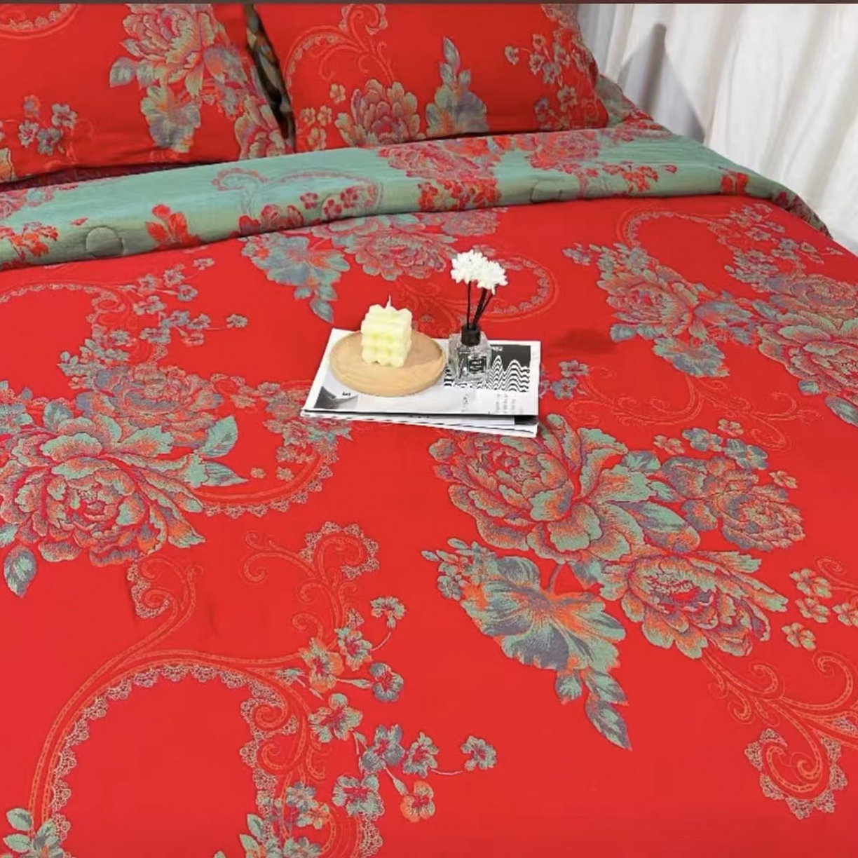 91家纺网 家纺一手货源 找家纺 禧多家纺 2025新款年货爆款大红双层纱四件套 富贵春