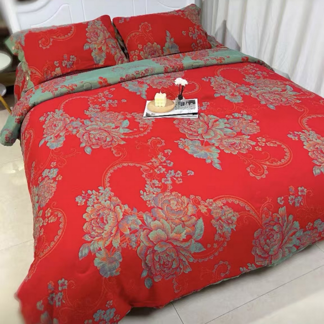 禧多家纺 2025新款年货爆款大红双层纱四件套 富贵春