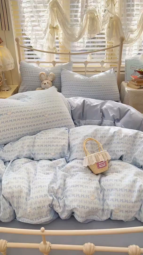 91家纺网 家纺一手货源 找家纺 瑞钰 2026新款A类古法水洗仿棉云感纱四件套 浅蓝童话集