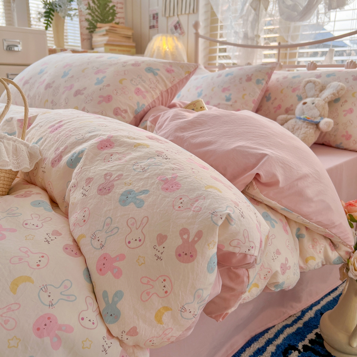 瑞钰 2026新款A类古法水洗仿棉云感纱四件套 软萌七彩兔