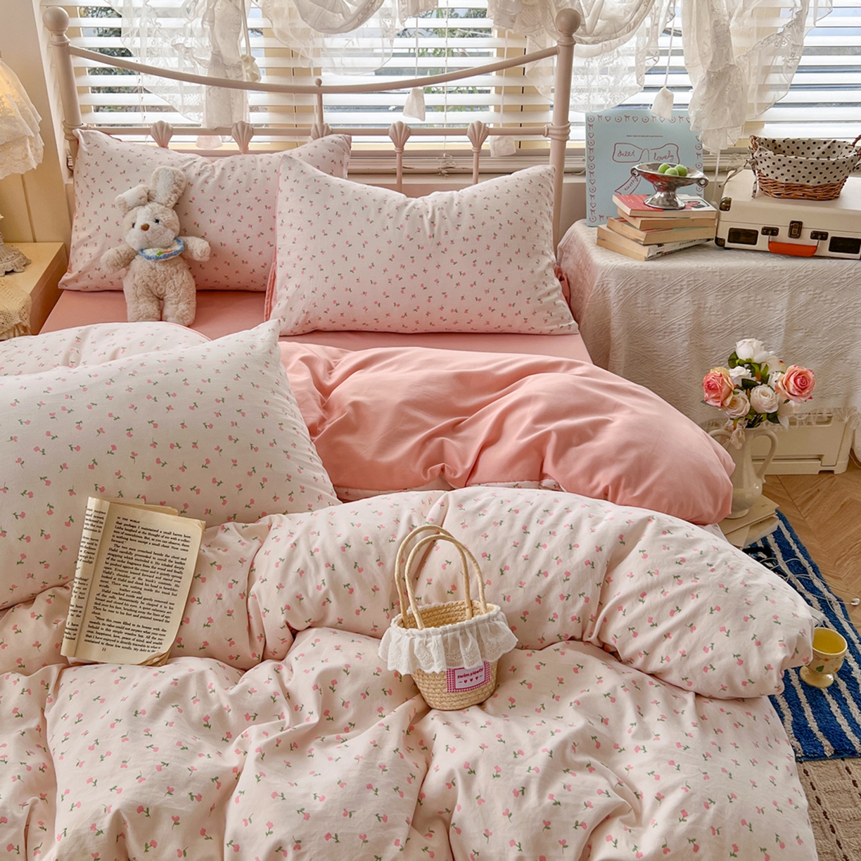 91家纺网 家纺一手货源 找家纺 瑞钰 2026新款A类古法水洗仿棉云感纱四件套 甜心花园