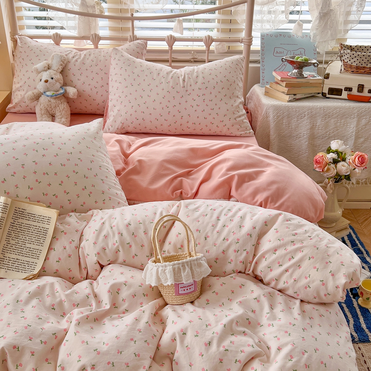 91家纺网 家纺一手货源 找家纺 瑞钰 2026新款A类古法水洗仿棉云感纱四件套 甜心花园