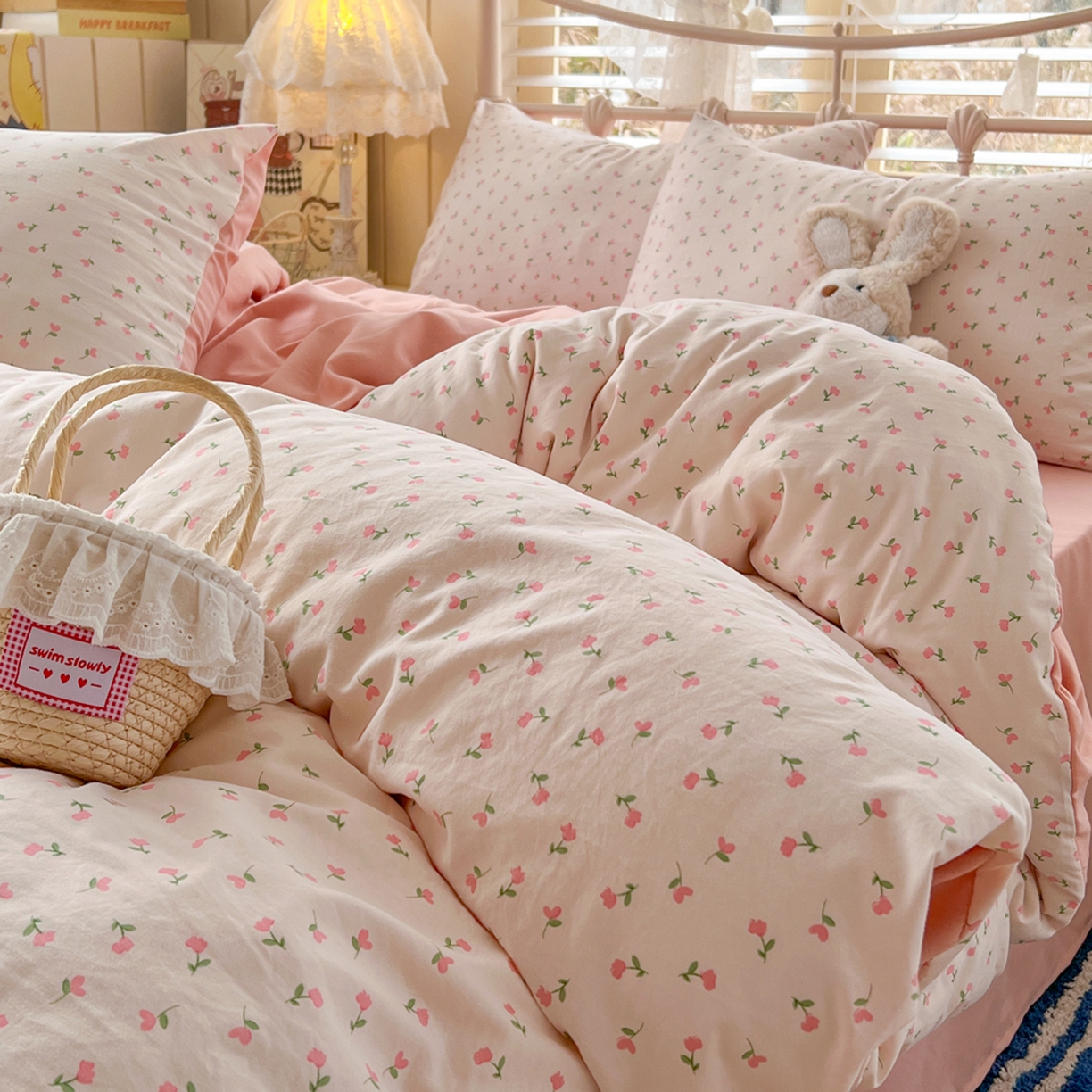 91家纺网 家纺一手货源 找家纺 瑞钰 2026新款A类古法水洗仿棉云感纱四件套 甜心花园