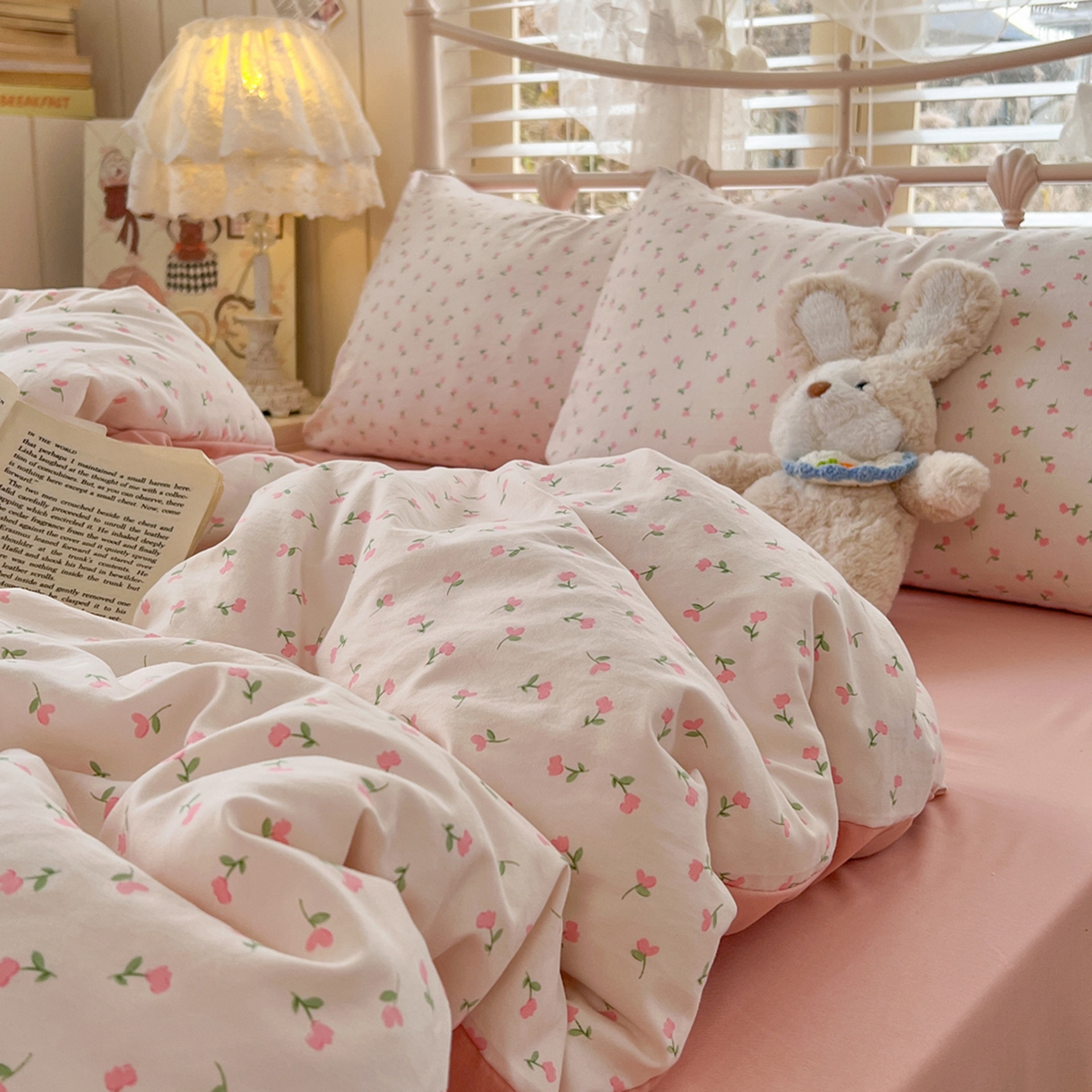 91家纺网 家纺一手货源 找家纺 瑞钰 2026新款A类古法水洗仿棉云感纱四件套 甜心花园