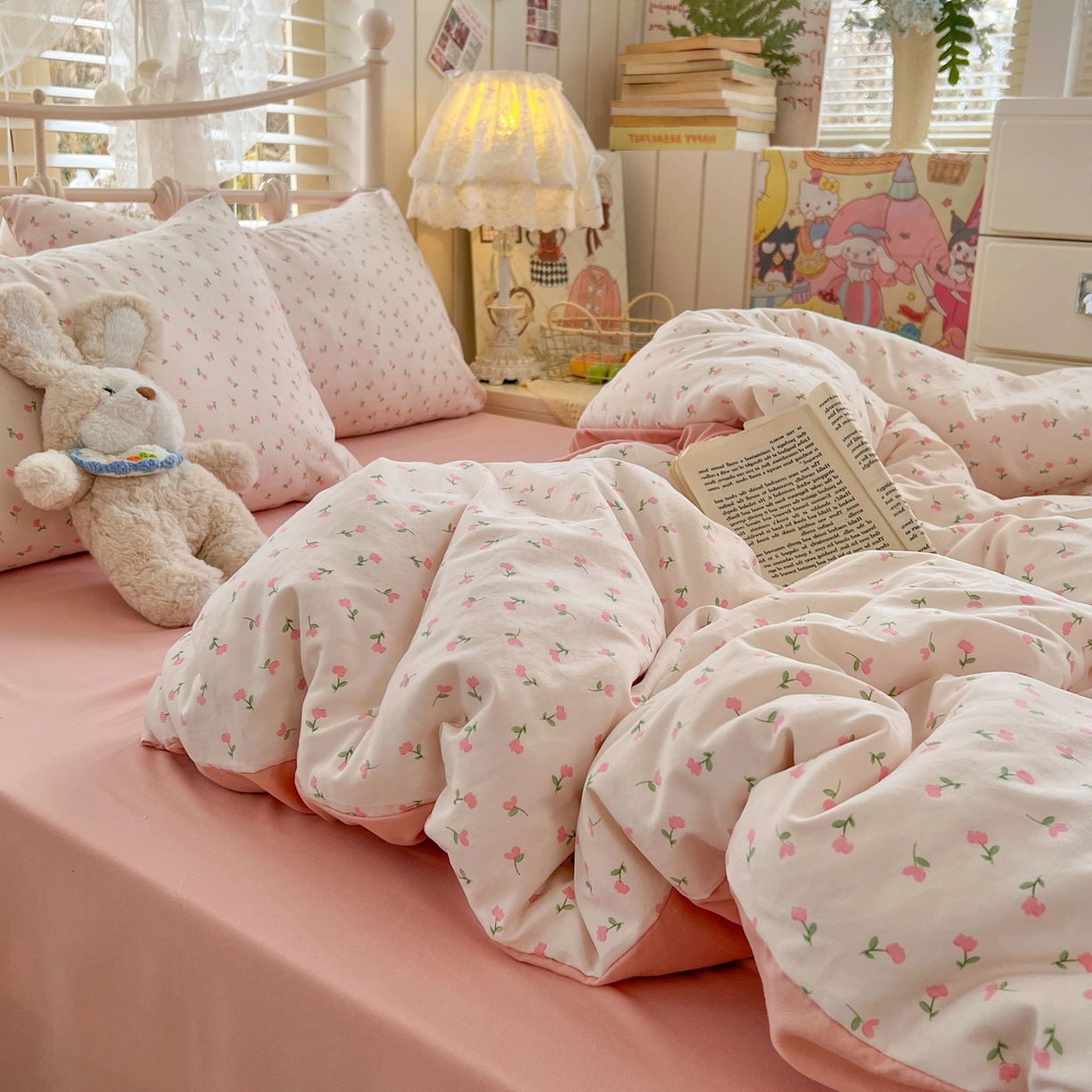 91家纺网 家纺一手货源 找家纺 瑞钰 2026新款A类古法水洗仿棉云感纱四件套 甜心花园