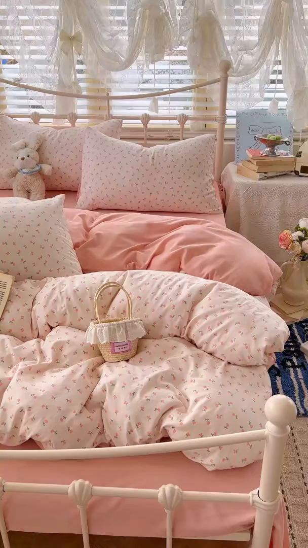 91家纺网 家纺一手货源 找家纺 瑞钰 2026新款A类古法水洗仿棉云感纱四件套 甜心花园