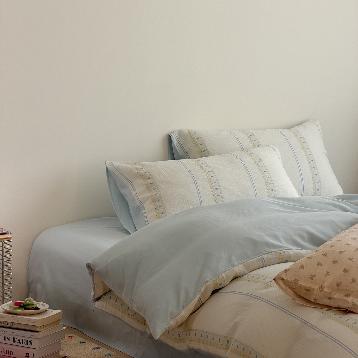 91家纺网 家纺一手货源 找家纺 蜜宿 2026新款全棉水洗双层纱提花四件套-甜茶 甜茶-蓝