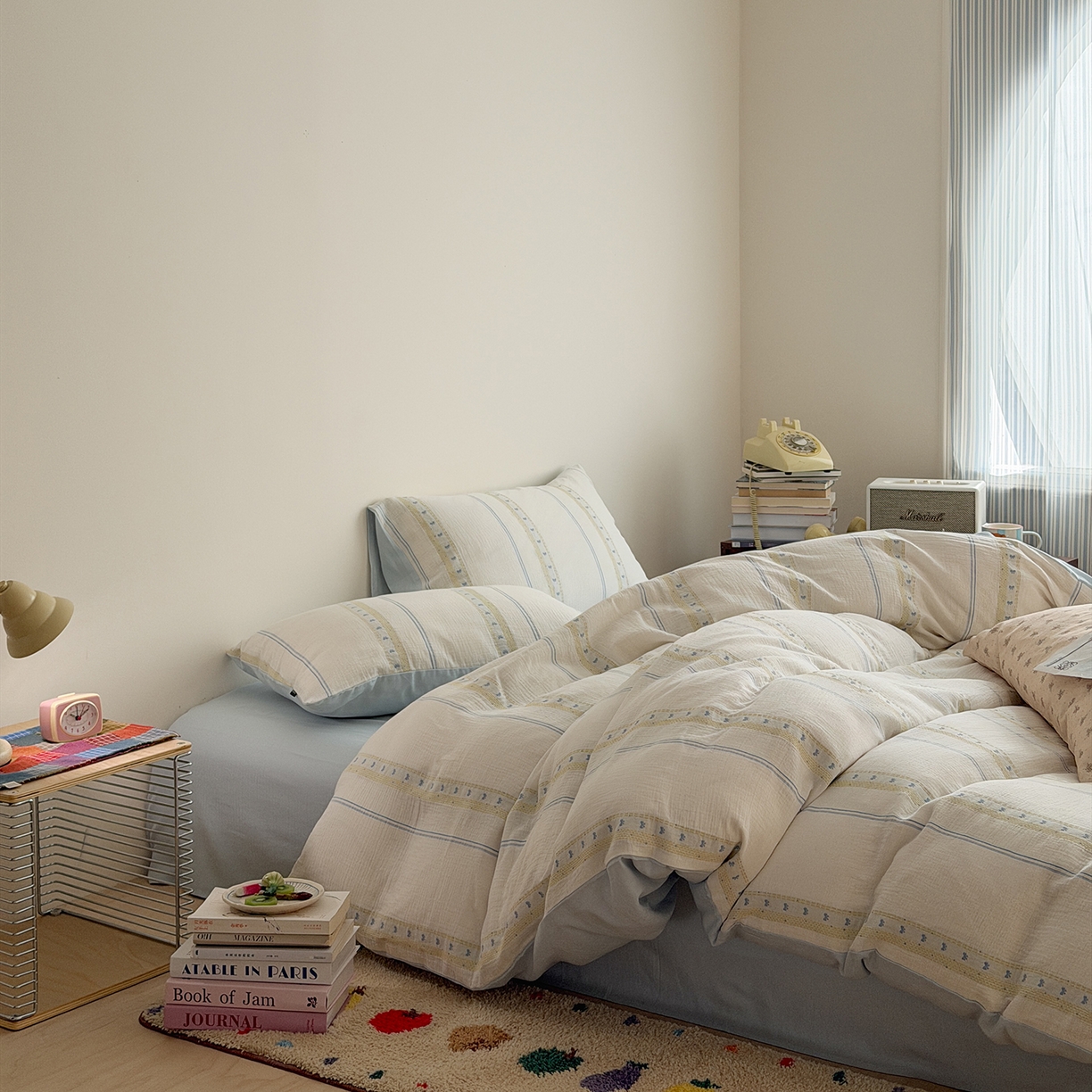 91家纺网 家纺一手货源 找家纺 蜜宿 2026新款全棉水洗双层纱提花四件套-甜茶 甜茶-蓝