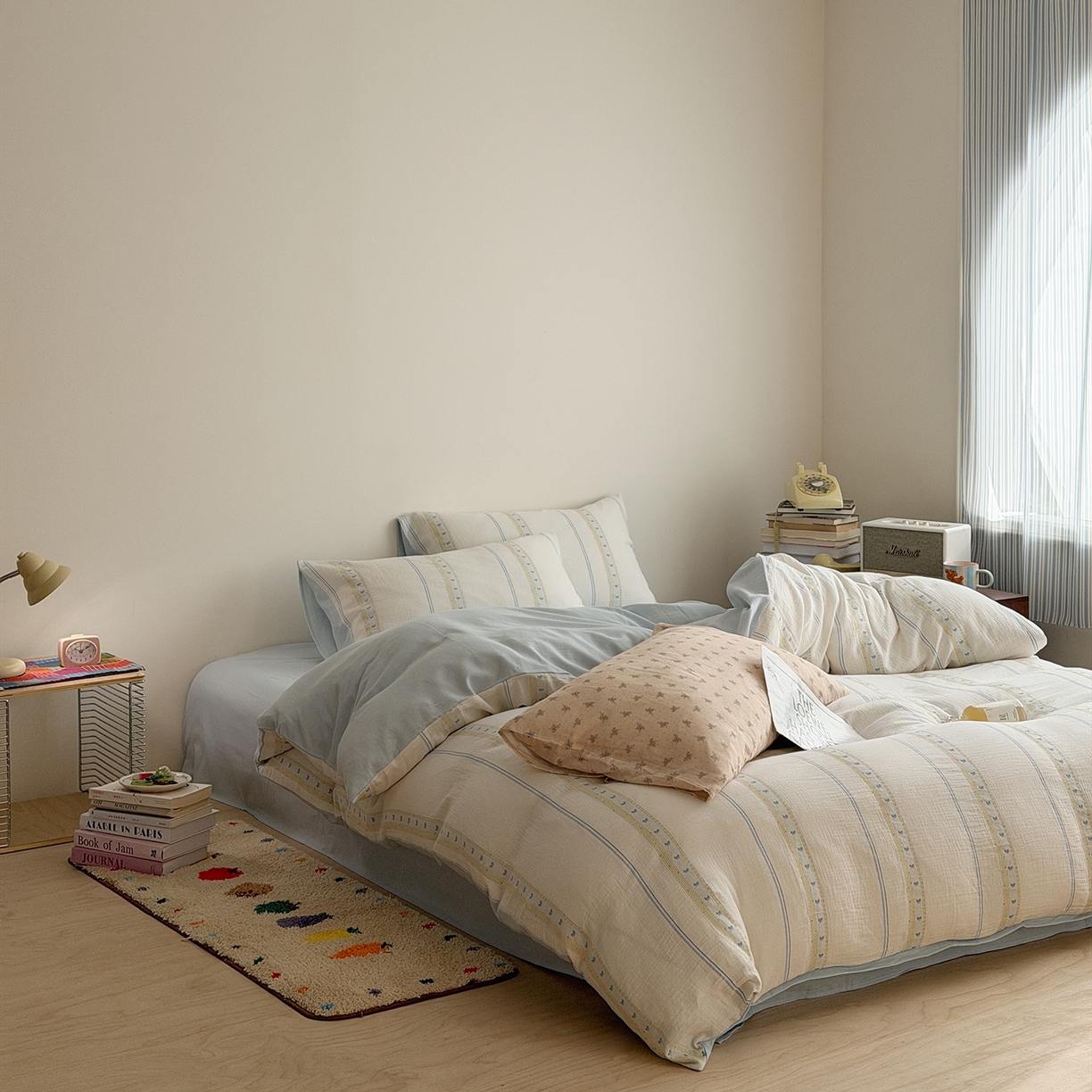 91家纺网 家纺一手货源 找家纺 蜜宿 2026新款全棉水洗双层纱提花四件套-甜茶 甜茶-蓝