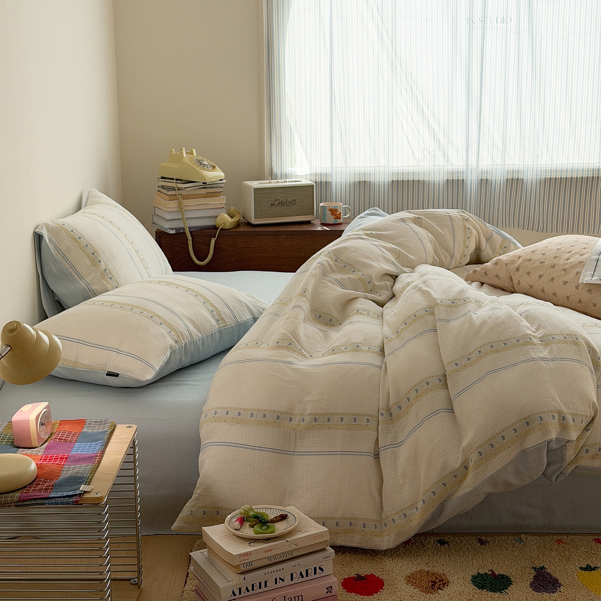 91家纺网 家纺一手货源 找家纺 蜜宿 2026新款全棉水洗双层纱提花四件套-甜茶 甜茶-蓝