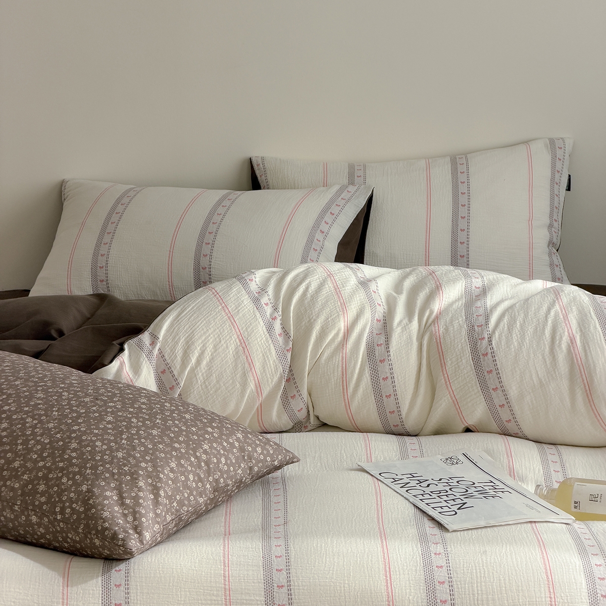 91家纺网 家纺一手货源 找家纺 蜜宿 2026新款全棉水洗双层纱提花四件套-甜茶 甜茶-粉