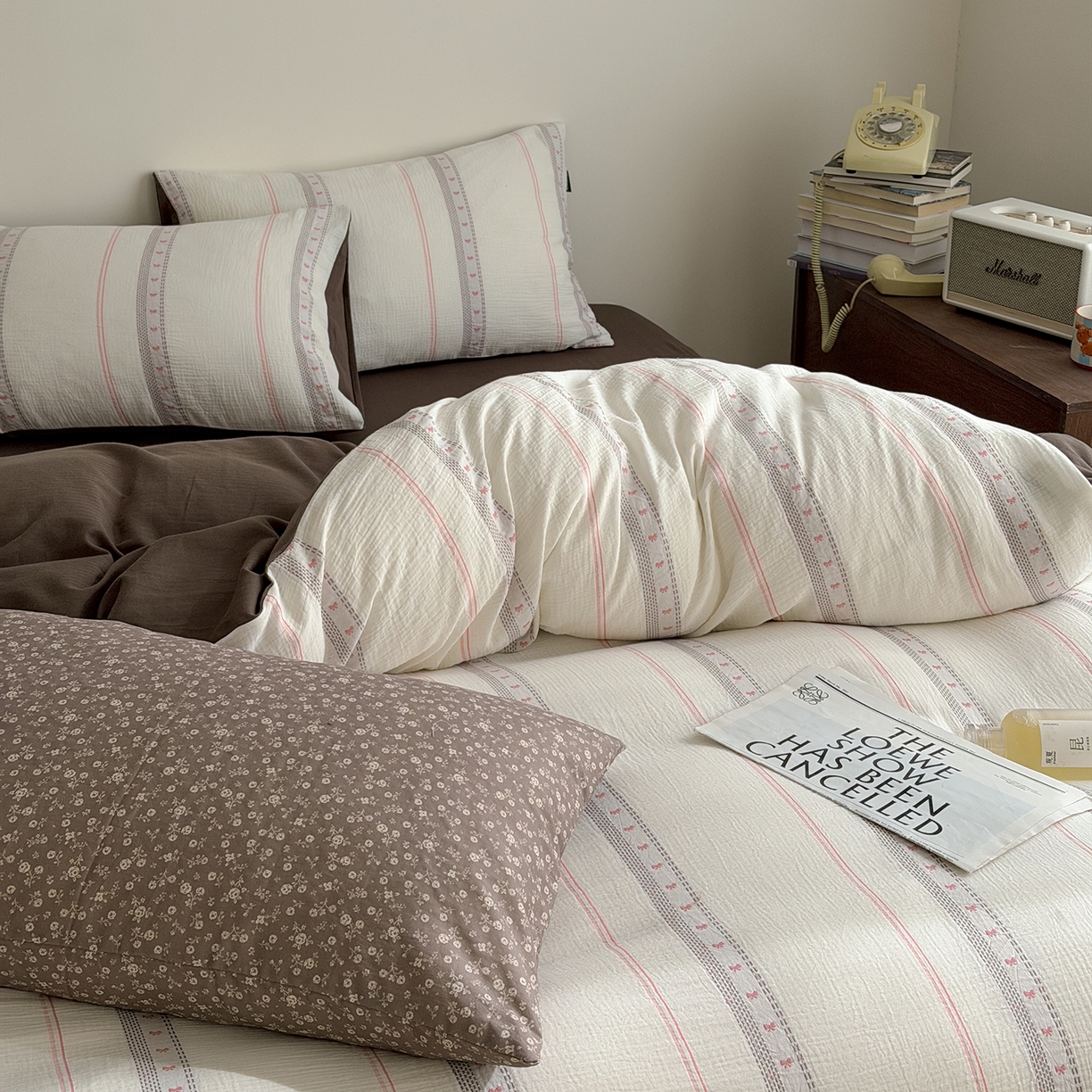 91家纺网 家纺一手货源 找家纺 蜜宿 2026新款全棉水洗双层纱提花四件套-甜茶 甜茶-粉