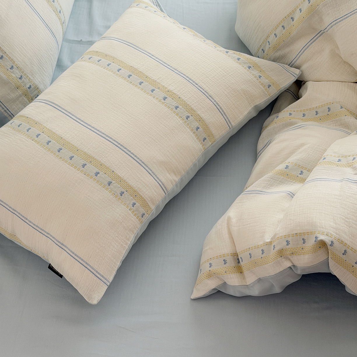 91家纺网 家纺一手货源 找家纺 蜜宿 2026新款全棉水洗双层纱提花四件套-甜茶 甜茶-蓝