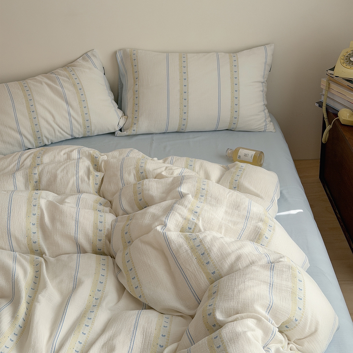 91家纺网 家纺一手货源 找家纺 蜜宿 2026新款全棉水洗双层纱提花四件套-甜茶 甜茶-蓝