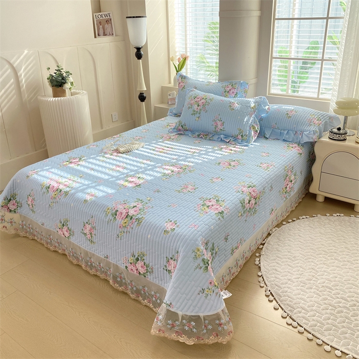 91家纺网 家纺一手货源 找家纺 （总）乐逸家纺 2025新款100%纯棉全棉印花 法式风情蕾丝花边床盖款