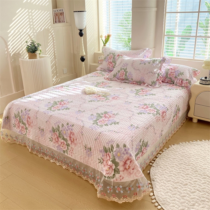 91家纺网 家纺一手货源 找家纺 （总）乐逸家纺 2025新款100%纯棉全棉印花 法式风情蕾丝花边床盖款