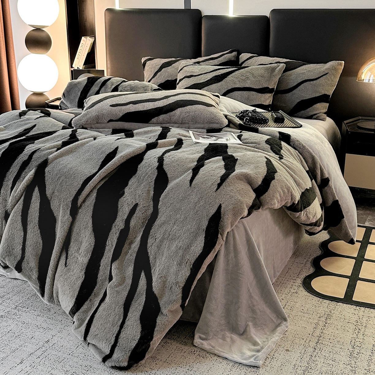 91家纺网 家纺一手货源 找家纺 栩裕纺织 2026新款高克重兔毛四件套-美拉德系列（提供买家秀） 美拉德-斑马纹灰