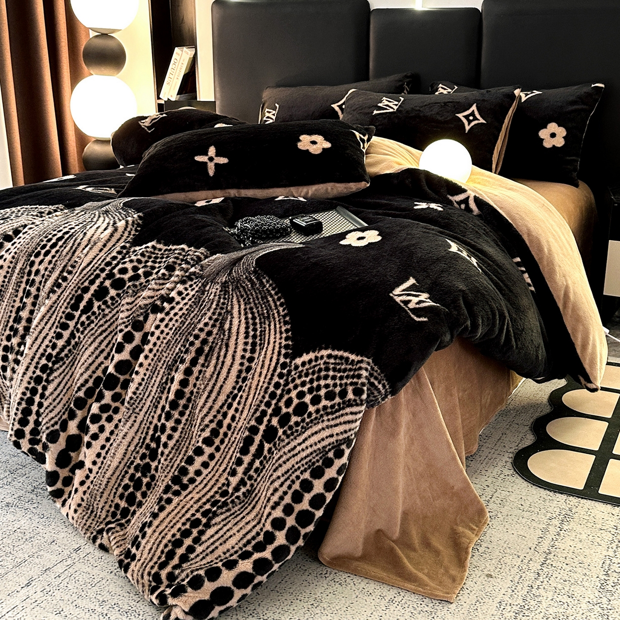 91家纺网 家纺一手货源 找家纺 栩裕纺织 2026新款高克重兔毛四件套-美拉德系列（提供买家秀） 美拉德-L大牌风黑