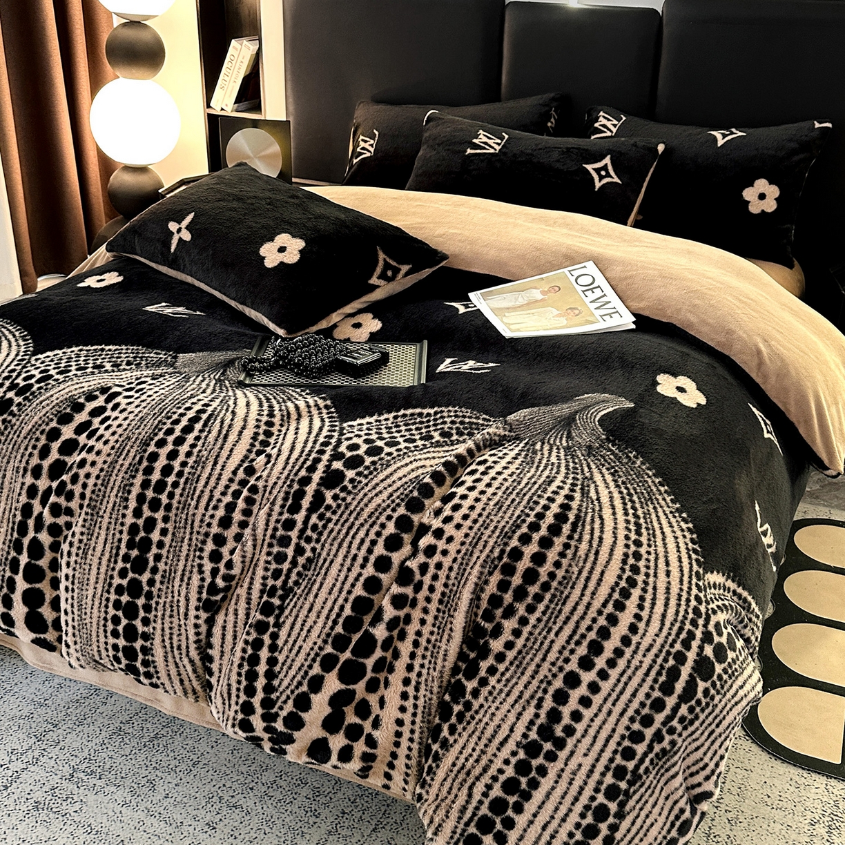 91家纺网 家纺一手货源 找家纺 栩裕纺织 2026新款高克重兔毛四件套-美拉德系列（提供买家秀） 美拉德-L大牌风黑