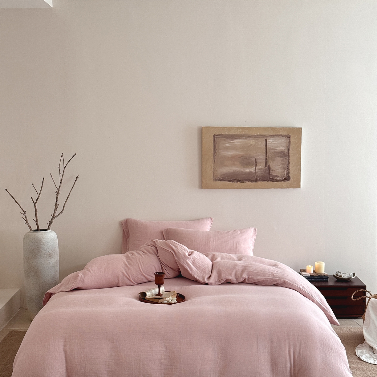 91家纺网 家纺一手货源 找家纺 爱丽丝 2025新款云感色织全棉双层纱四件套 粉色