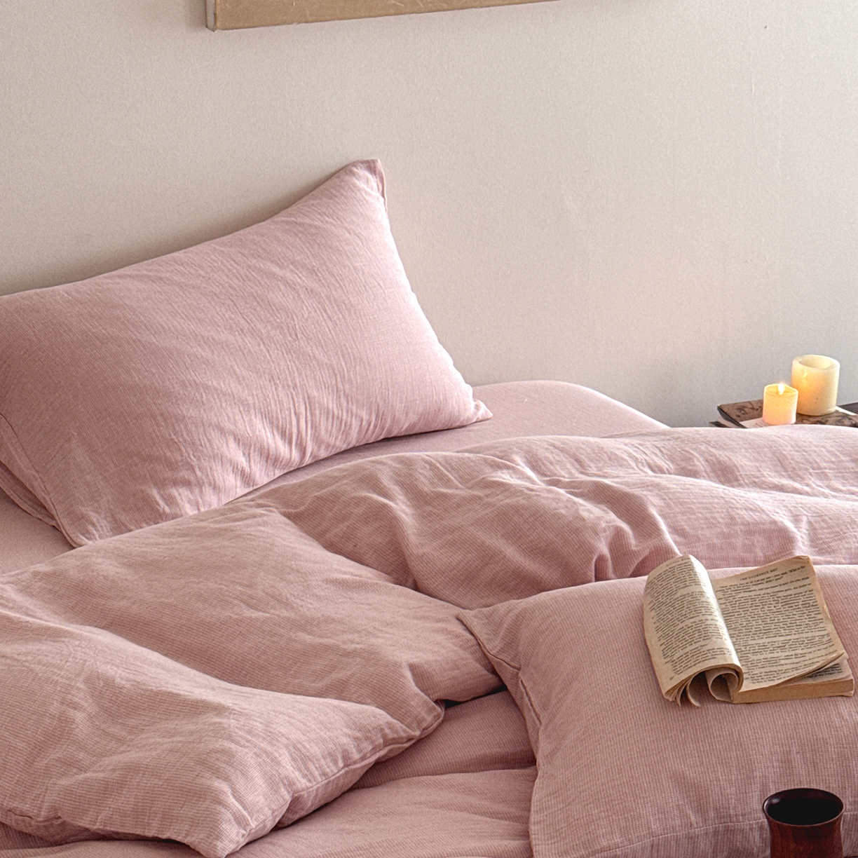 91家纺网 家纺一手货源 找家纺 爱丽丝 2025新款云感色织全棉双层纱四件套 粉色