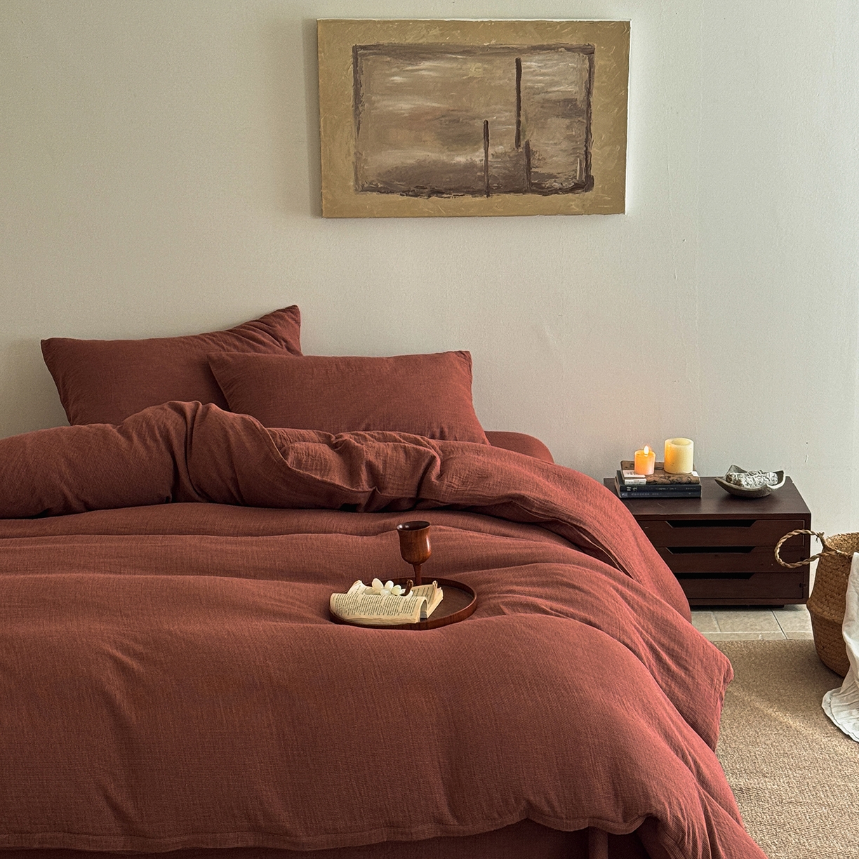 爱丽丝 2025新款云感色织全棉双层纱四件套 红色