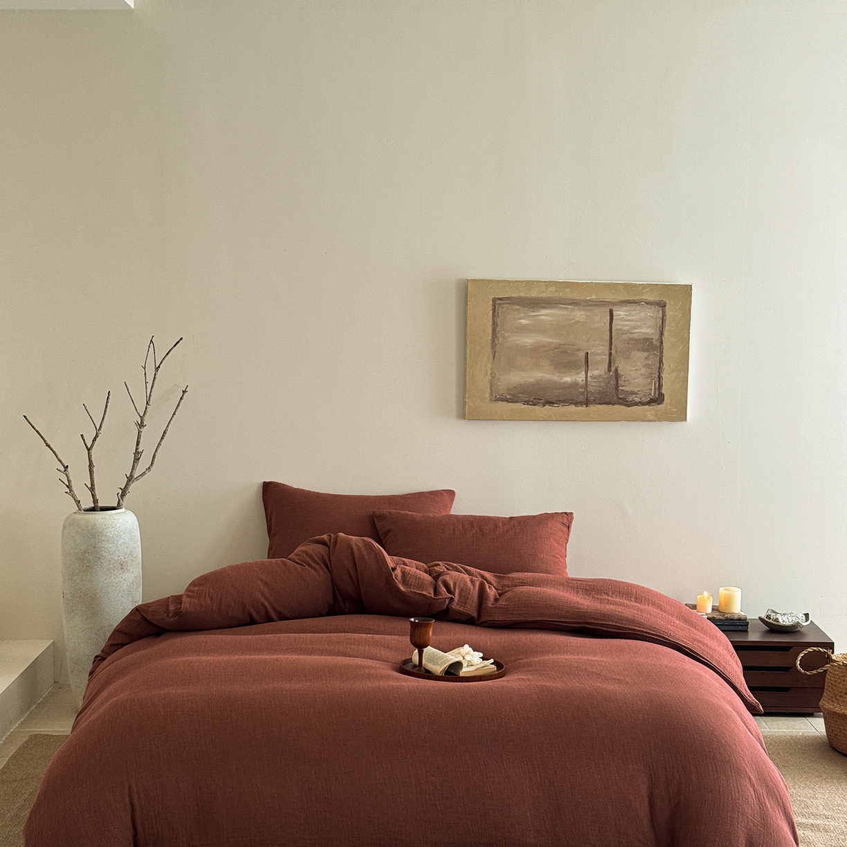 91家纺网 家纺一手货源 找家纺 爱丽丝 2025新款云感色织全棉双层纱四件套 红色