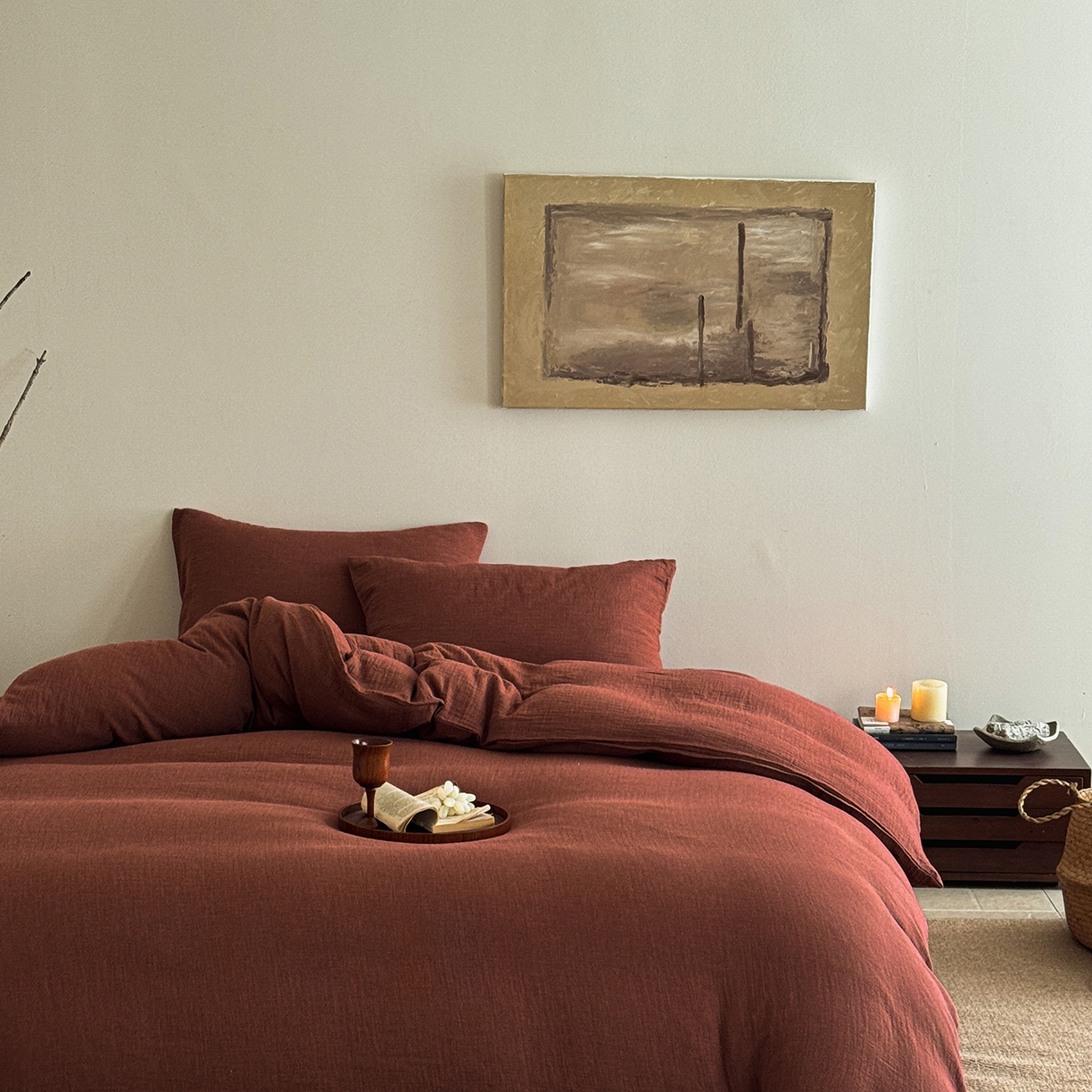 91家纺网 家纺一手货源 找家纺 爱丽丝 2025新款云感色织全棉双层纱四件套 红色