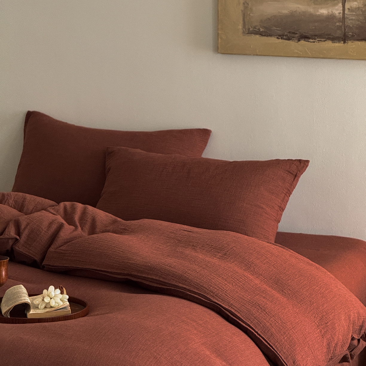 91家纺网 家纺一手货源 找家纺 爱丽丝 2025新款云感色织全棉双层纱四件套 红色